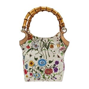 Gucci White Flora Floral Canvas Bamboo
Top Handle Mini Tote Bag